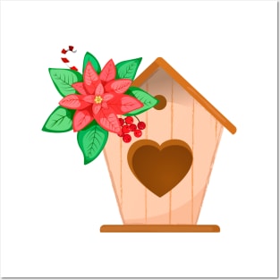 Poinsettia and birdhouse Posters and Art